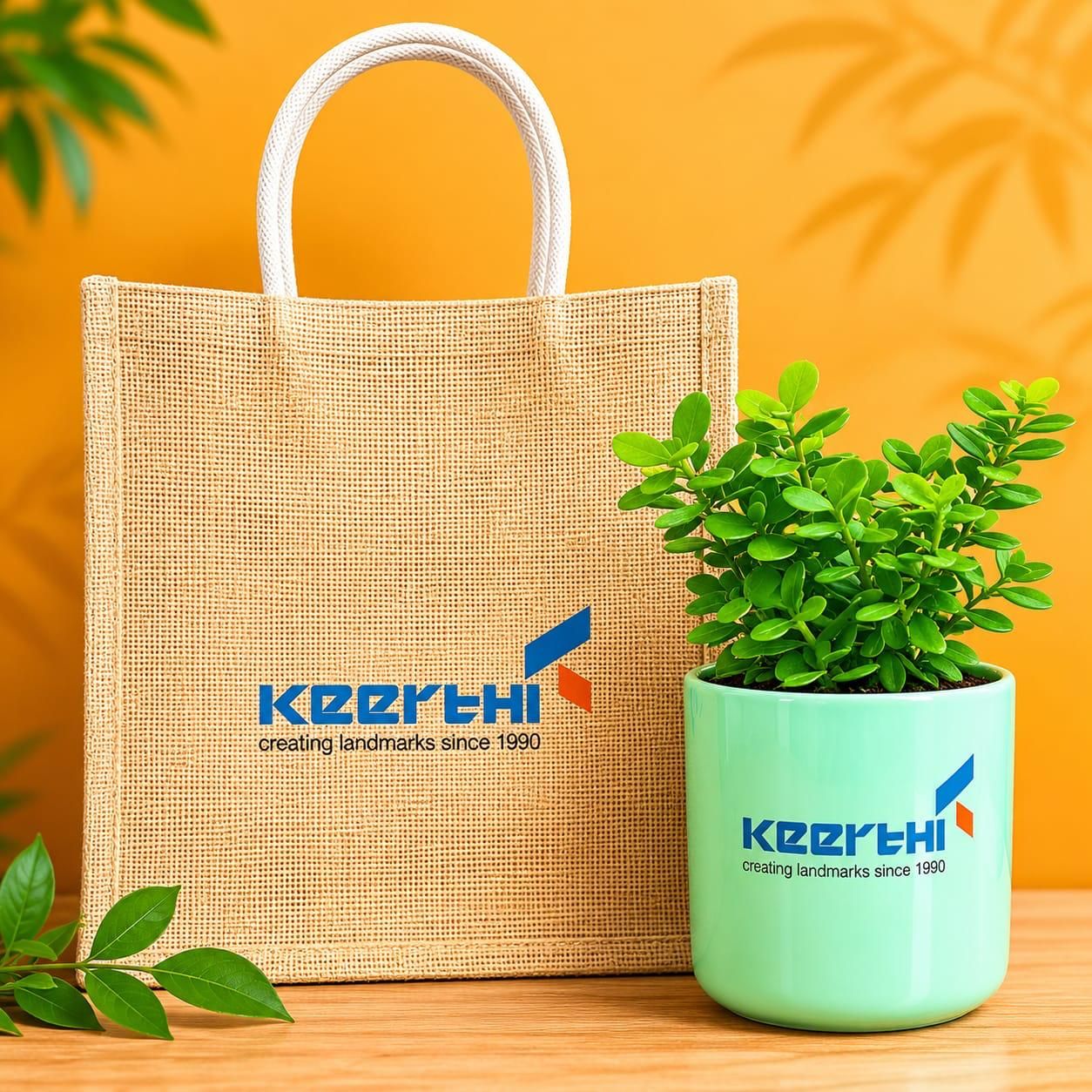 Jute bag and desk plant